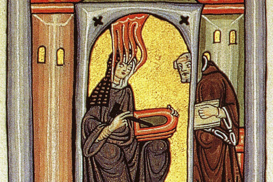 Illumination from Hildegard's Scivias (1151) showing her receiving a vision and dictating to teacher Volmar.