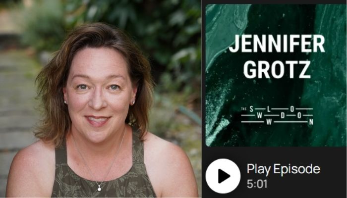 Headshot of Jennifer Grotz + podcast logo