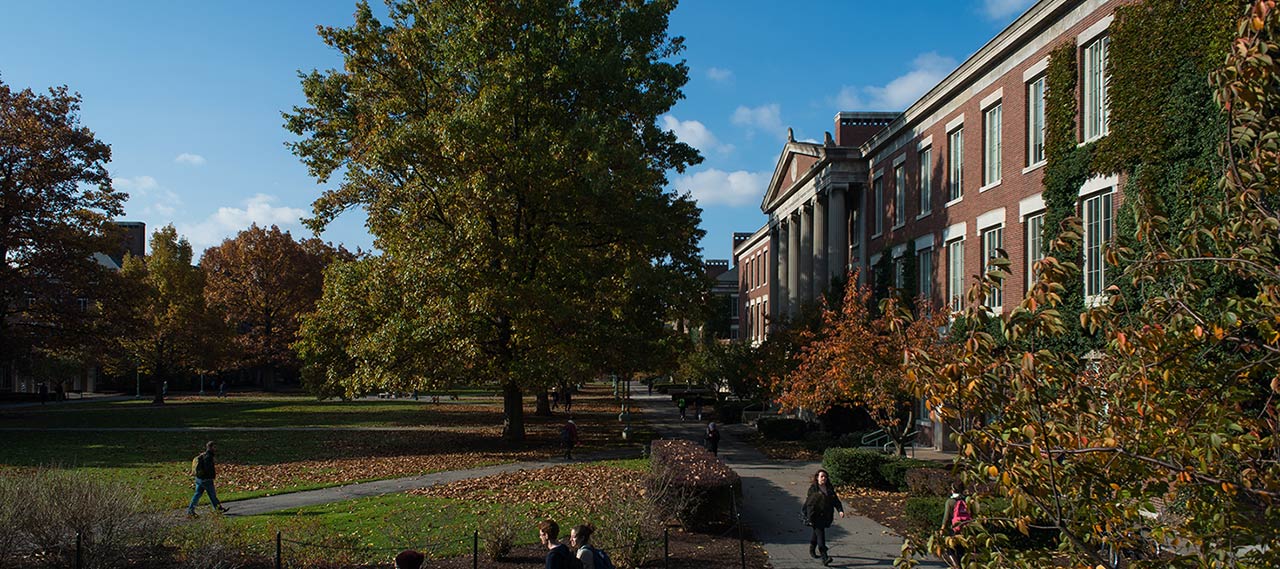 An exterior view of the front of Morey hall from the Eastman Quad.