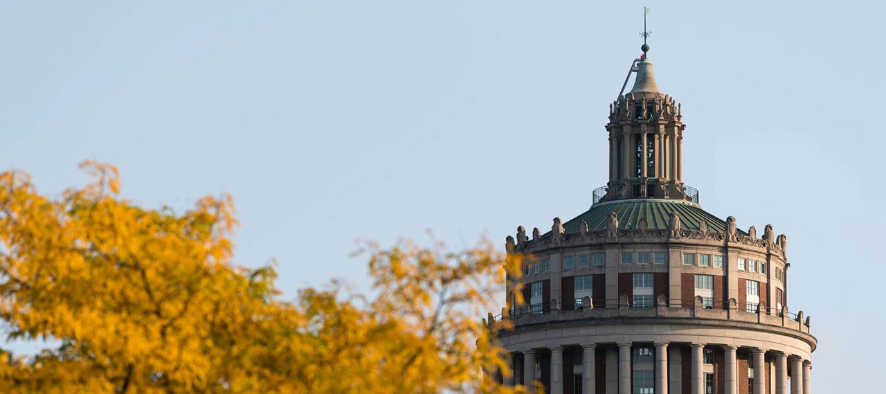 Rush Rhees Library tower with tree branches and leaves in the foreground.