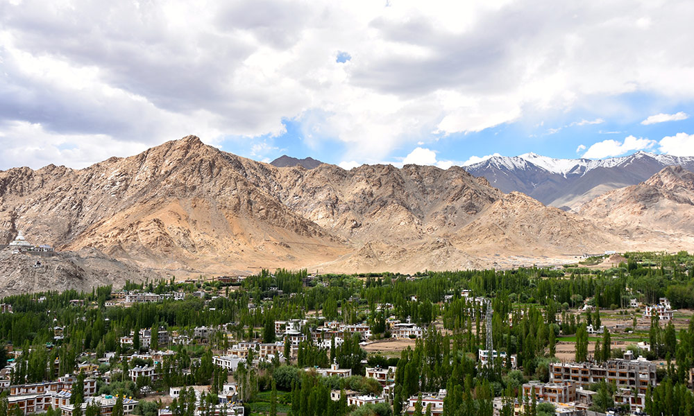 A town at the base of the Himalayan mountains.