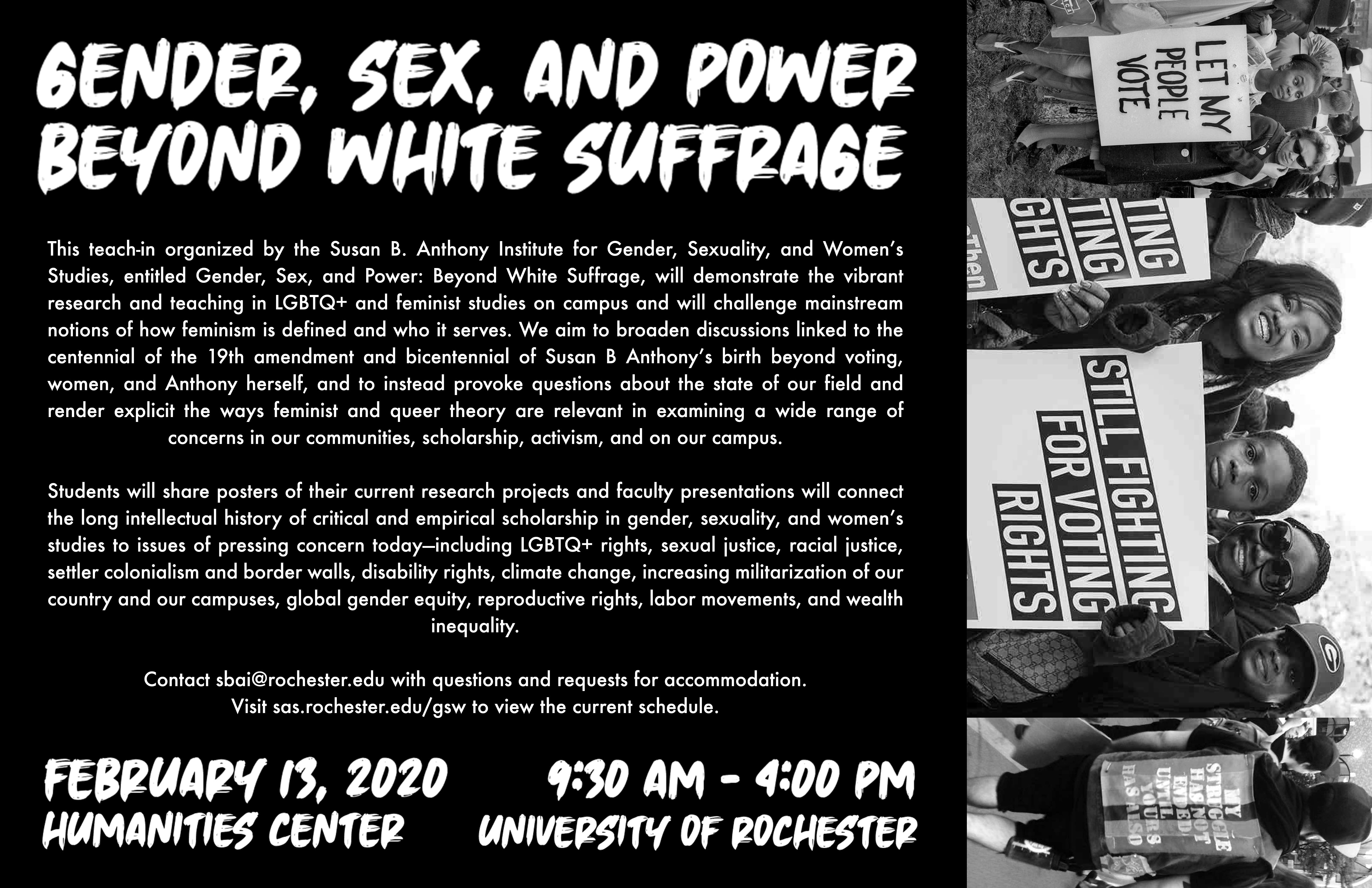Poster for Teach-in event, with title of event and images of individuals at demonstrations holding signs
