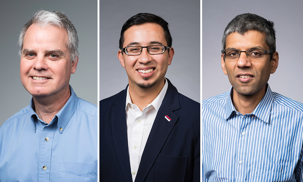 From left, Chris Muir, professor, Department of Mechanical Engineering; Pablo Sierra, associate professor, Department of History; and Ajay Anand, associate professor, Goergen Institute of Data Science.