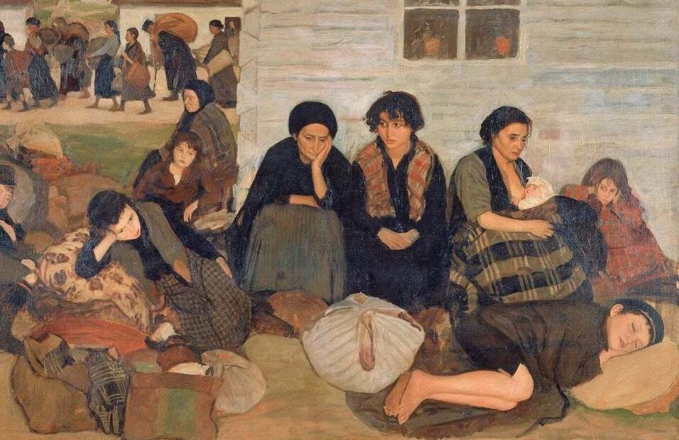 A painting of women and children huddle together.