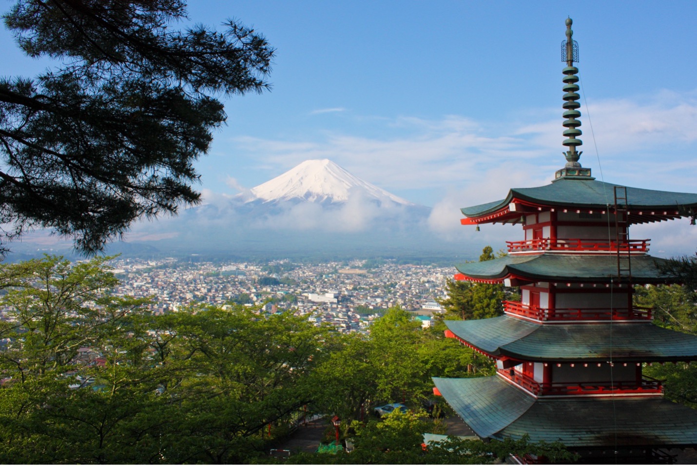A view of Mt. Fuji with a pagoda in the foreground.