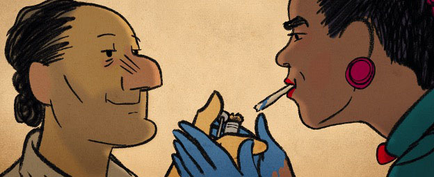 A still image from the movie of two animated figures facing each other while lighting a cigarette.