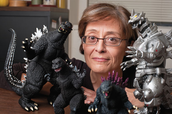 Professor Bernardi with her own collection of monster movie memorabilia