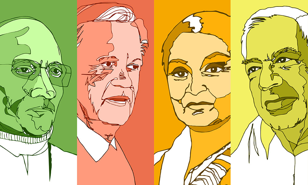 Critical theorists Michel Foucault, Hayden White, Gayatri Spivak, and Richard Rorty.