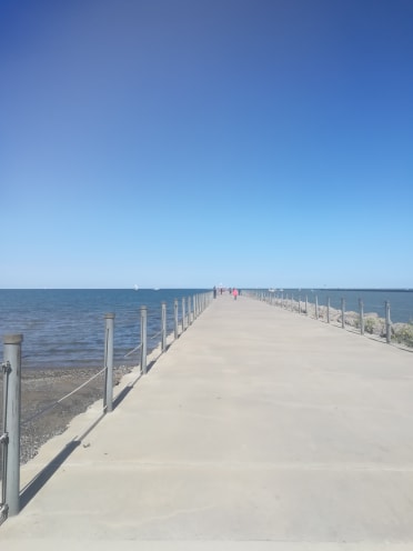 pier leading into the distance with shore and water on both sides
