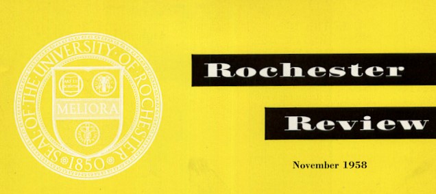 ur shield in white on yellow background with rochester review in white letters on black boxes and november 1958 written below in black