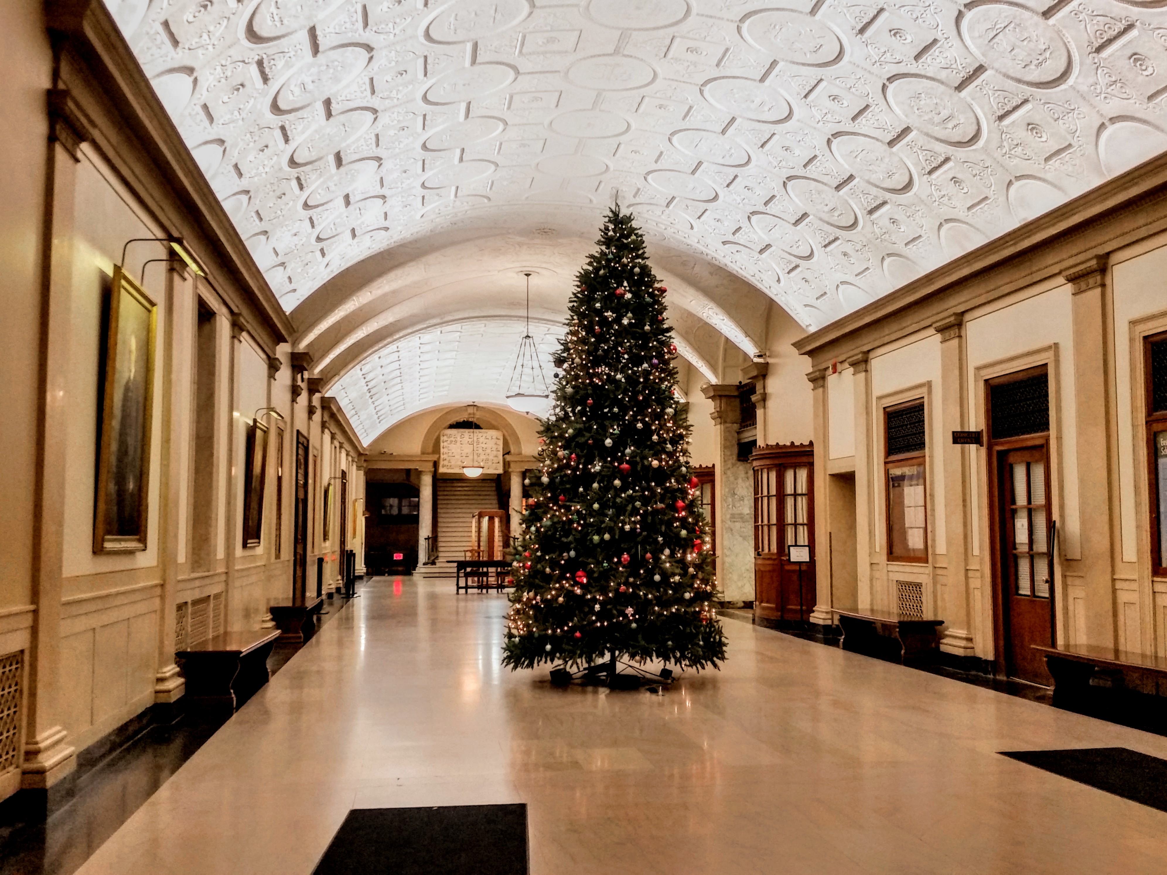 tall christmas tree decorated and on display in center of hallway at eastman theater