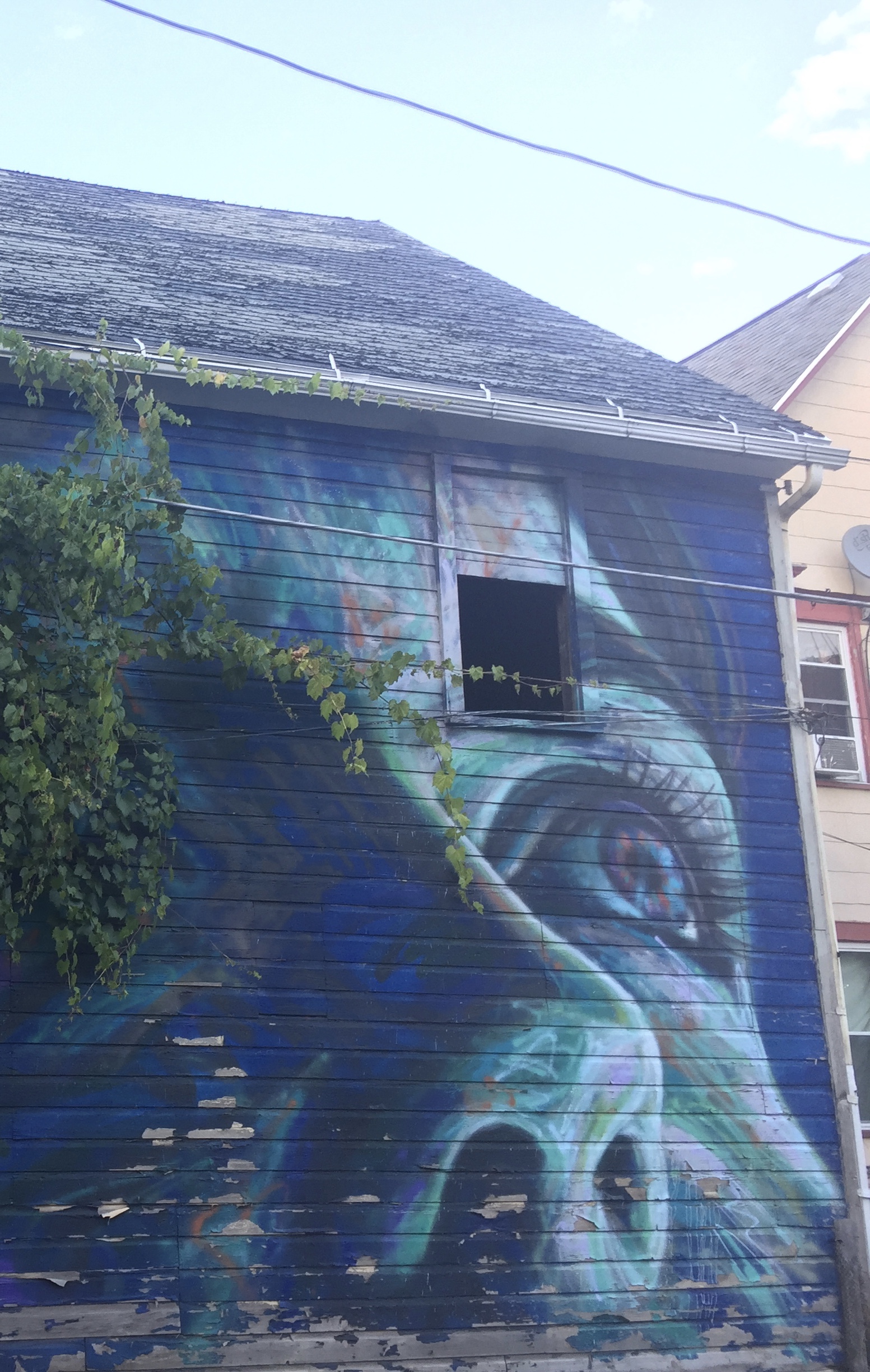 mural of woman's face on the side of a house in shades of blue and green