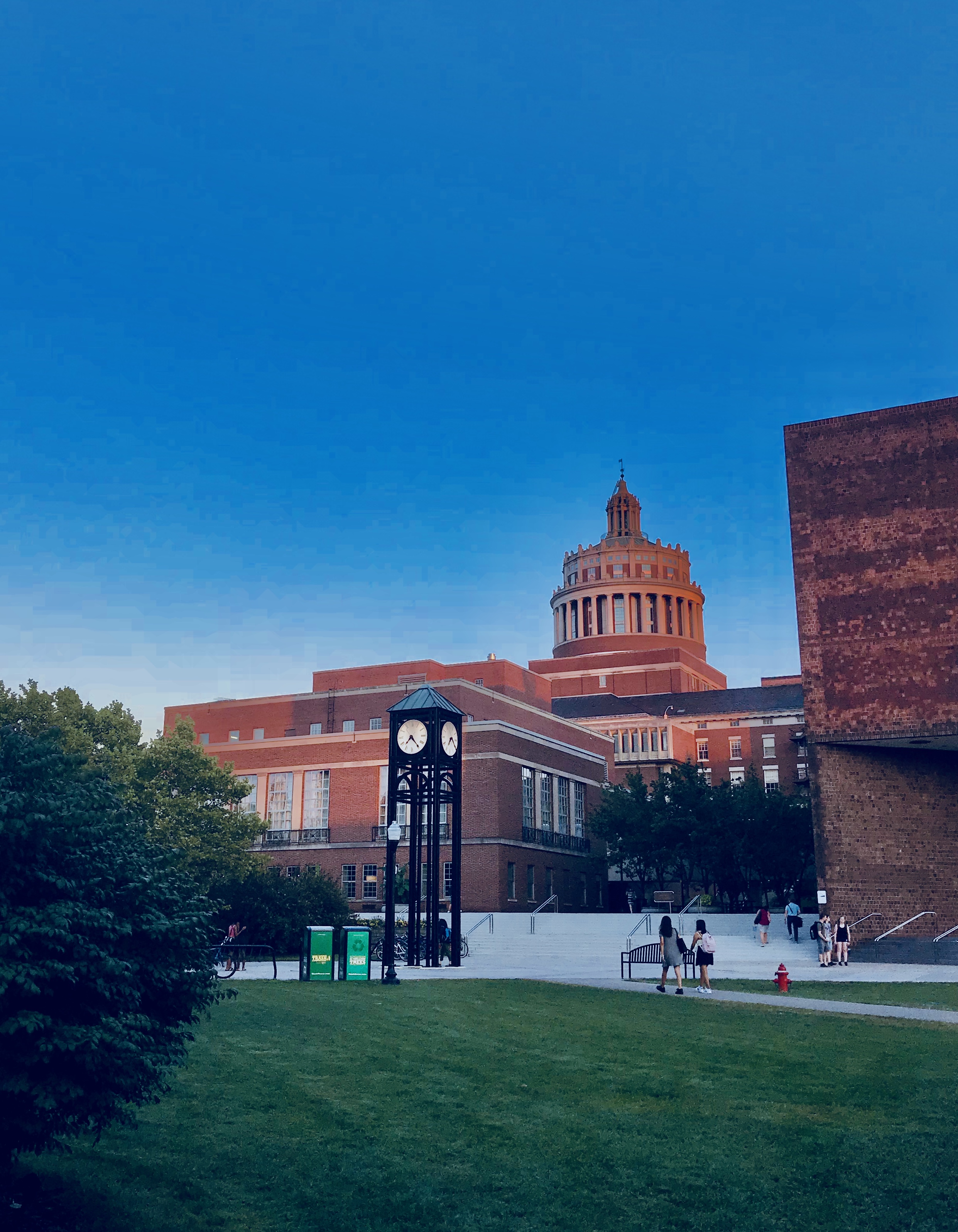 buildings and clock tower on river campus taken from the wilson quadrangle