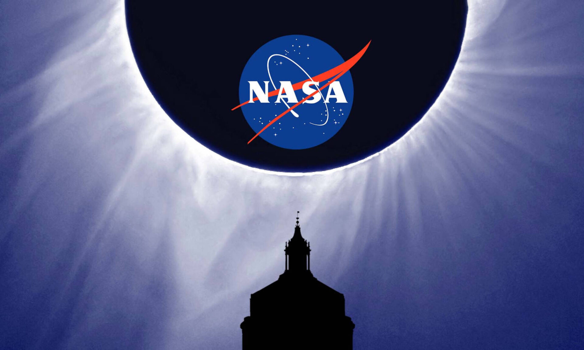 Illustration of the sun during totality with the NASA logo superimposed on it and the outline of the Rush Rhees Library tower below.