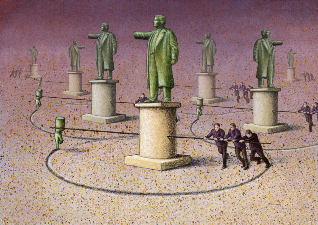 A graphic illustration of men turning a spool with statues of authoritarian figures atop them.