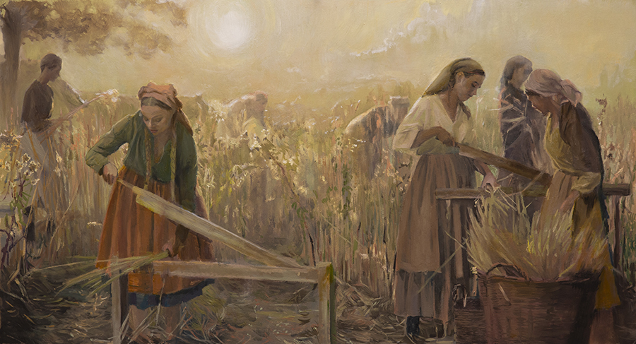 A painting of peasants in a field harvesting crops.