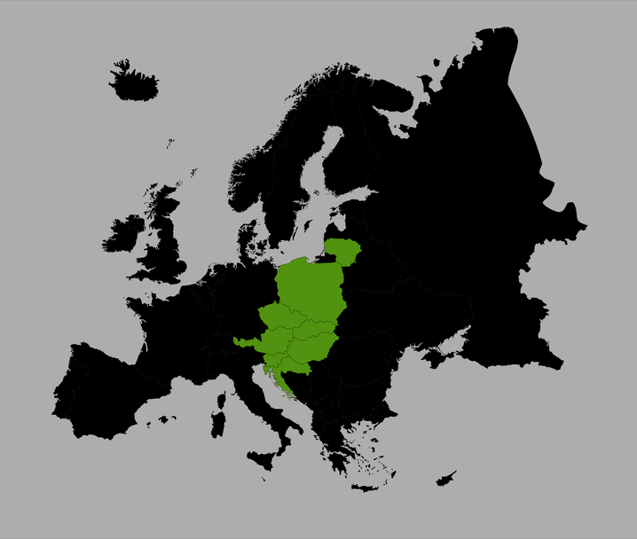 A map of Europe with central Europe highlighted in green.