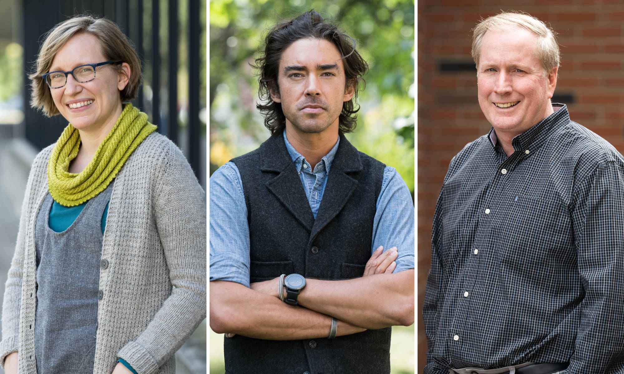 Triptych of the 2023 Goergen Award recipients: Whitney Gegg-Harrison, Jack Downey, and James McGrath.