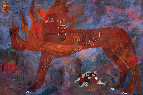 A painting of a red lion standing over a pile of people on a mosaic background.