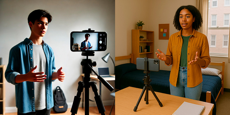 students shooting self-tapes (AI)