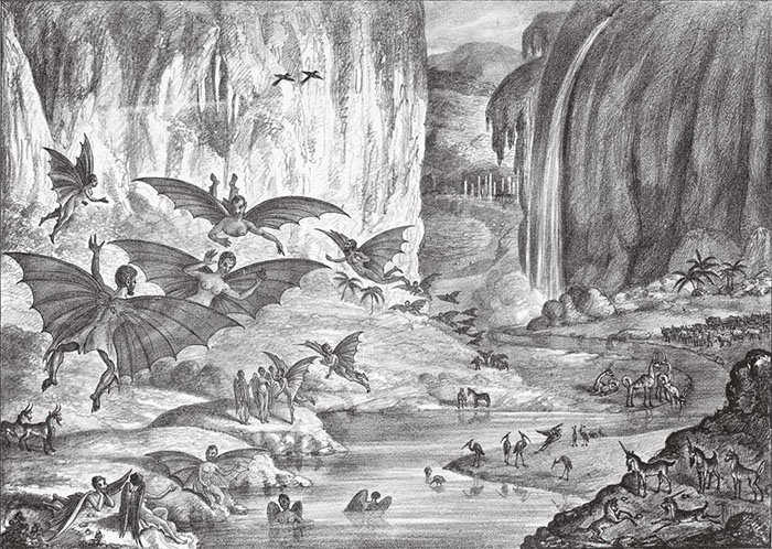 MOON DWELLERS: A famous 1830s press hoax involved reports of bat-like people and other fanciful creatures supposedly seen on the moon by an astronomer. (Credit: Library of Congress)
